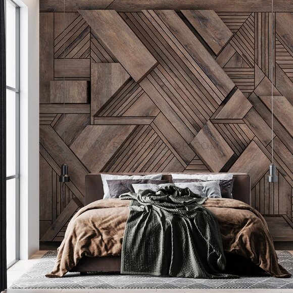 3D Geometric Wood Wallpaper in Brown | Modern Textured Wall Art | Designer Wallp - Picture 4 of 9